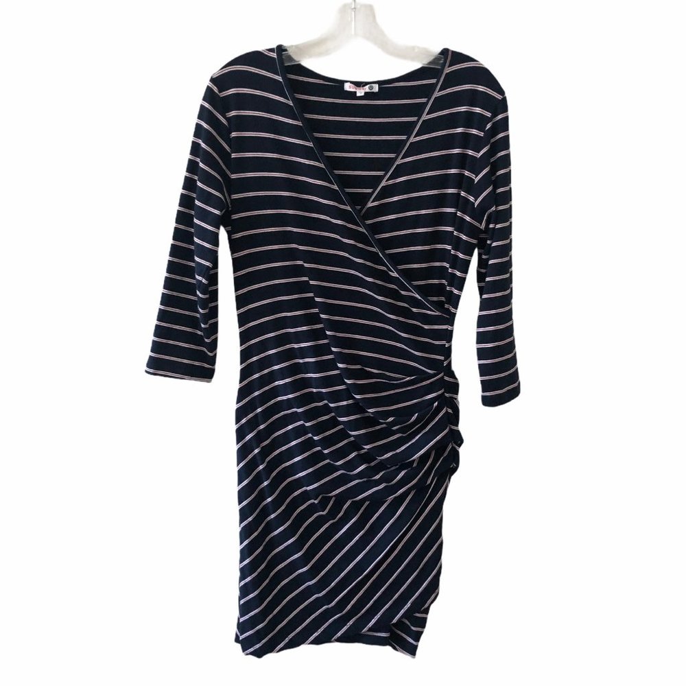 Sundry Navy Red White Striped T-Shirt Dress Med 3/4th Length Sleeve Ruched Sides